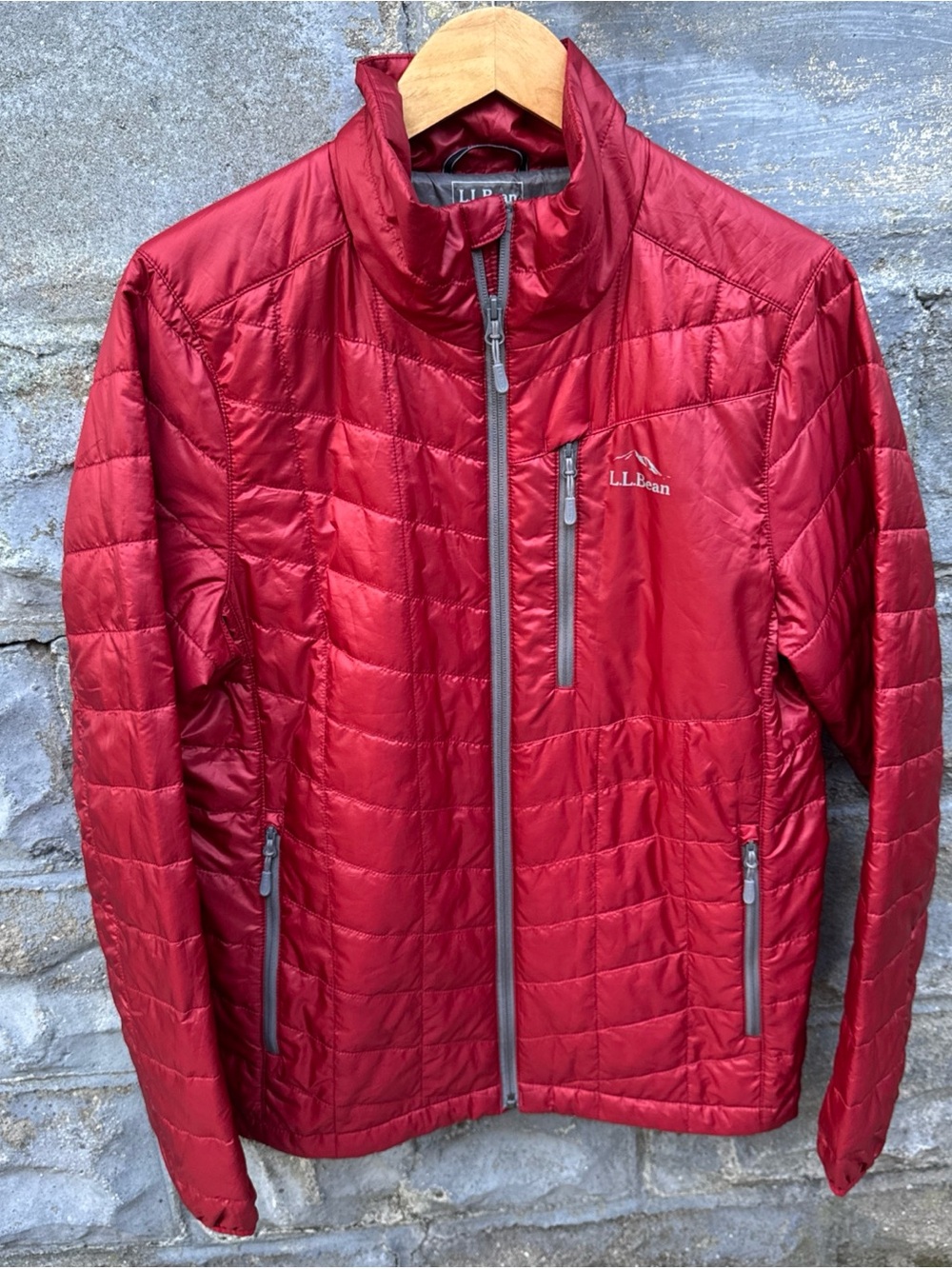 LL Bean Primaloft Packaway Red Quilted Full Zip Puffer Jacket Mens Sz Small